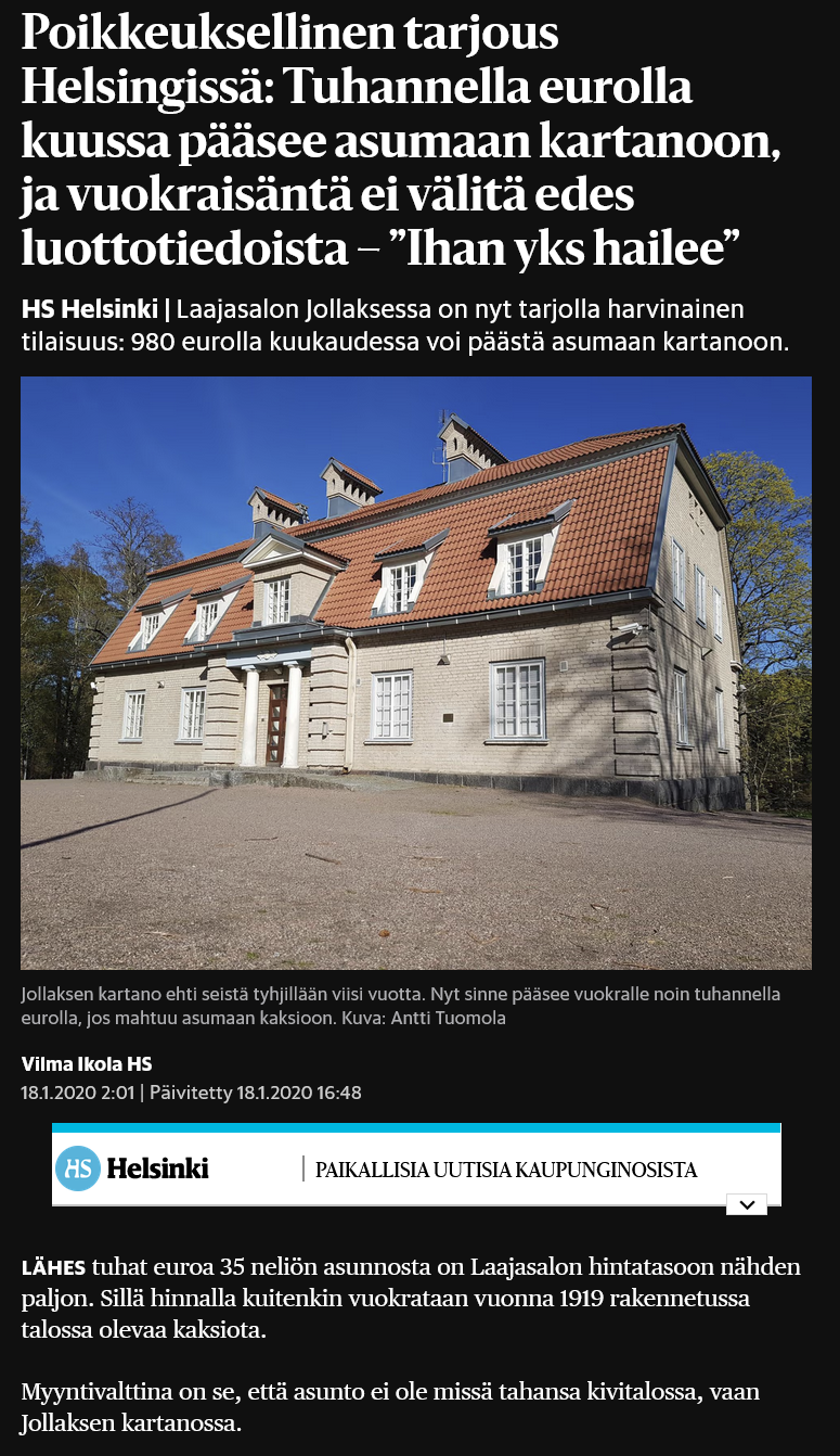 Poikkeuksellinen tarjous Helsingissä: Tuhannella eurolla kuussa pääsee asumaan kartanoon - Helsingin Sanomat