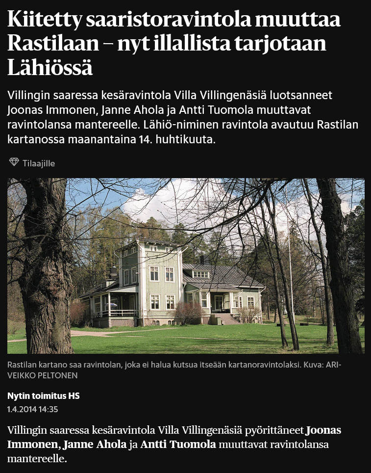 Kiitetty saaristoravintola muuttaa Rastilaan – nyt illallista tarjotaan Lähiössä - Helsingin Sanomat