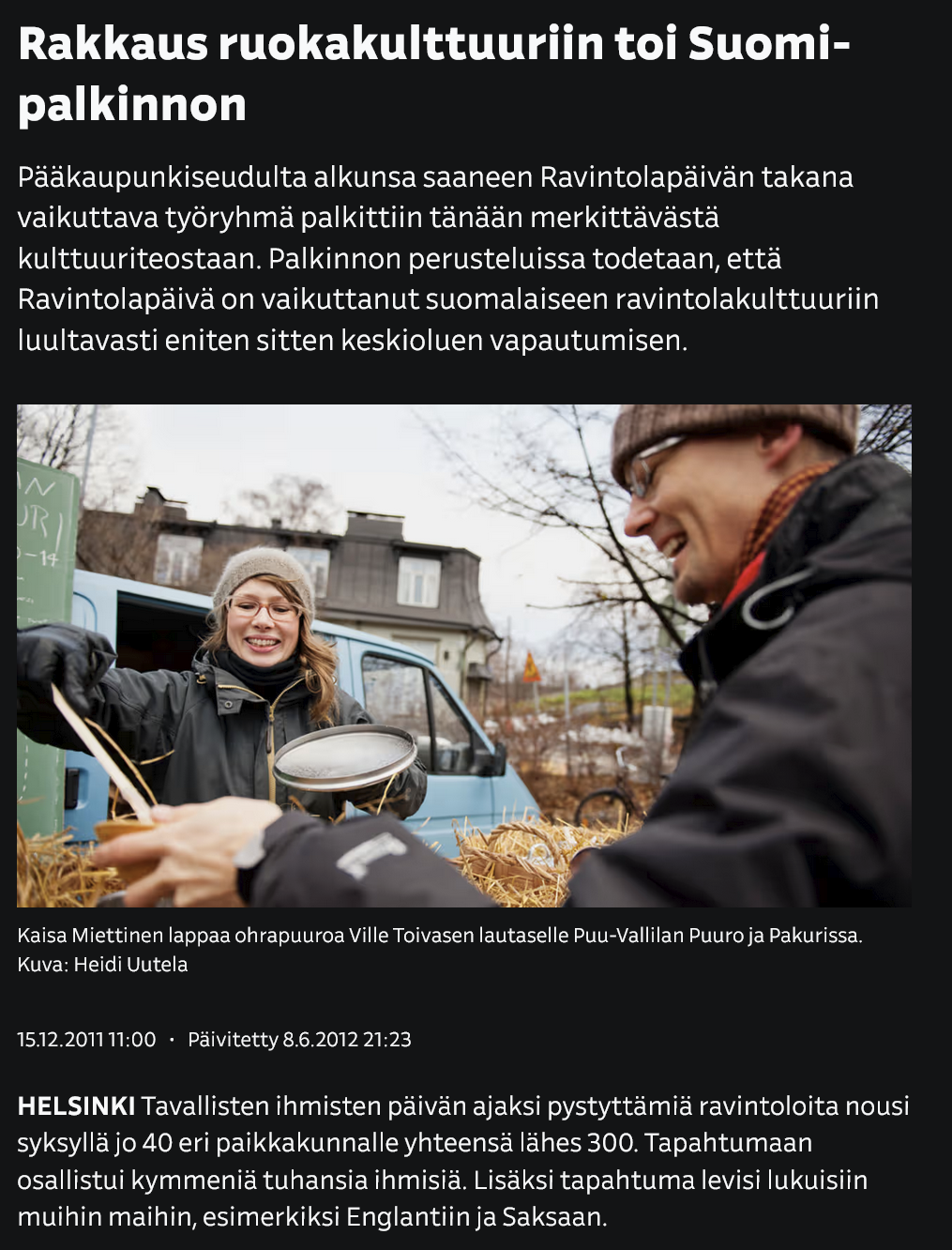 Rakkaus ruokakulttuuriin toi Suomi-palkinnon - Yle